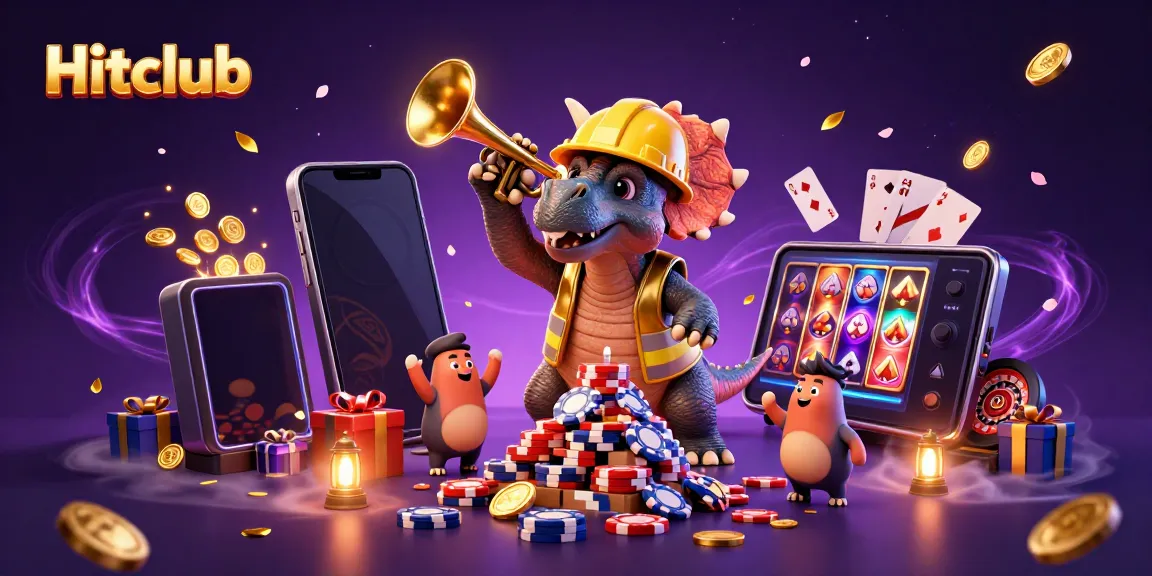 Experience excitement at Hitclub with cartoon dinosaurs celebrating wins amidst vibrant casino elements.