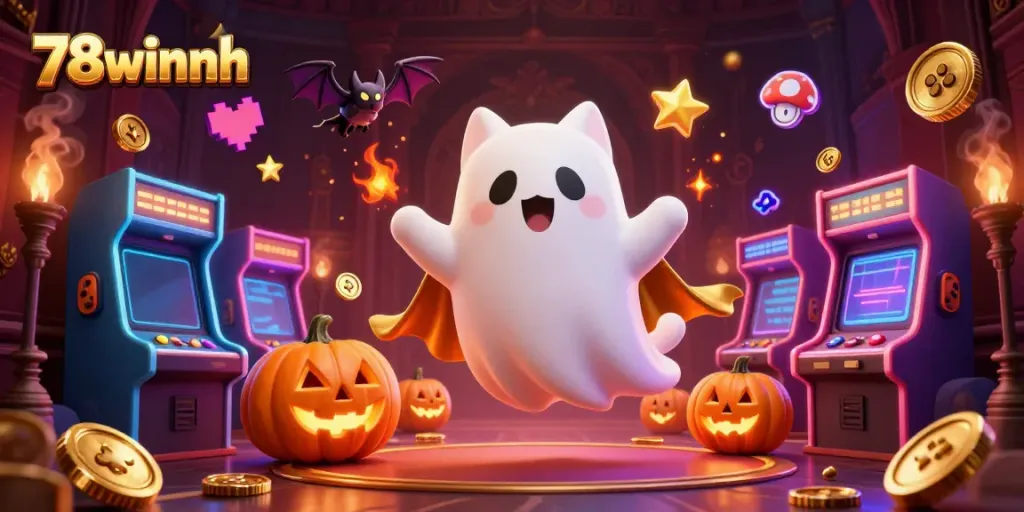 Engage in thrilling slots with 78winnh's friendly ghost cat in a haunted casino scene filled with glowing elements.