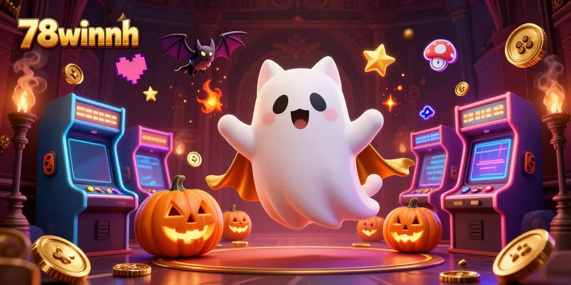 Engage in thrilling slots with 78winnh's friendly ghost cat in a haunted casino scene filled with glowing elements.