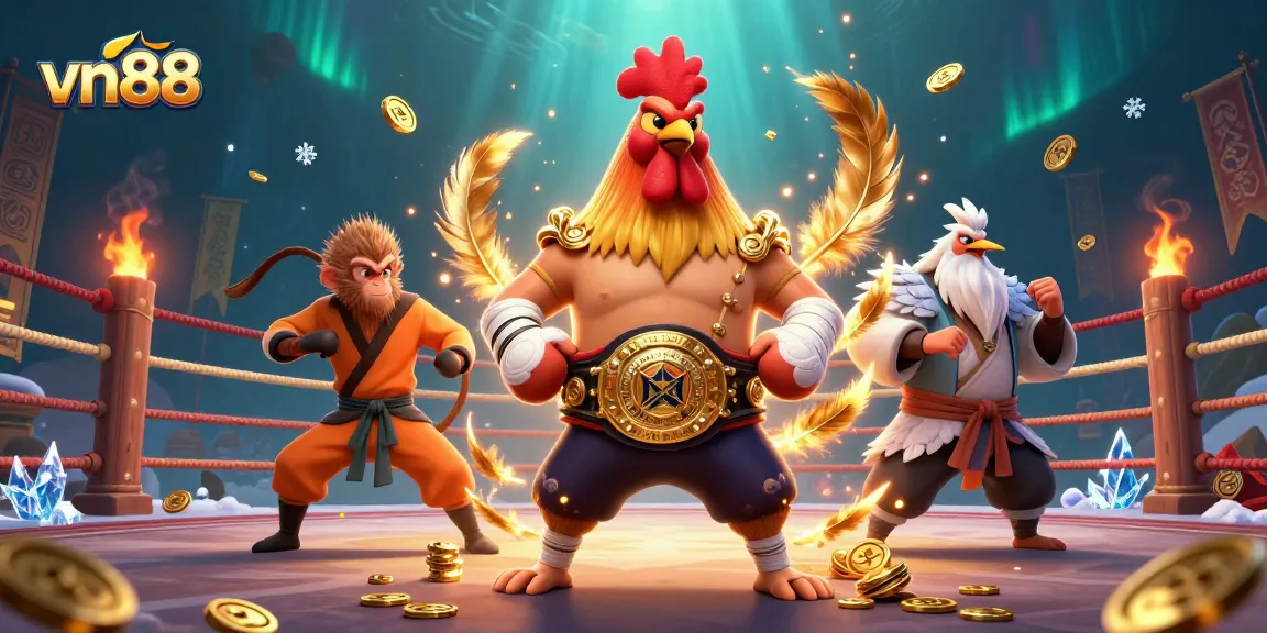 Experience the excitement of vn88 with an intense 3D casino illustration featuring dynamic martial arts characters and vibrant betting elements.