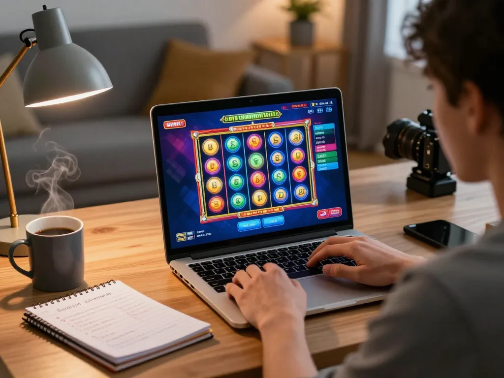 Person enjoying online gaming at home on gg88 pro, focused on colorful slot machine interface, warm atmosphere.