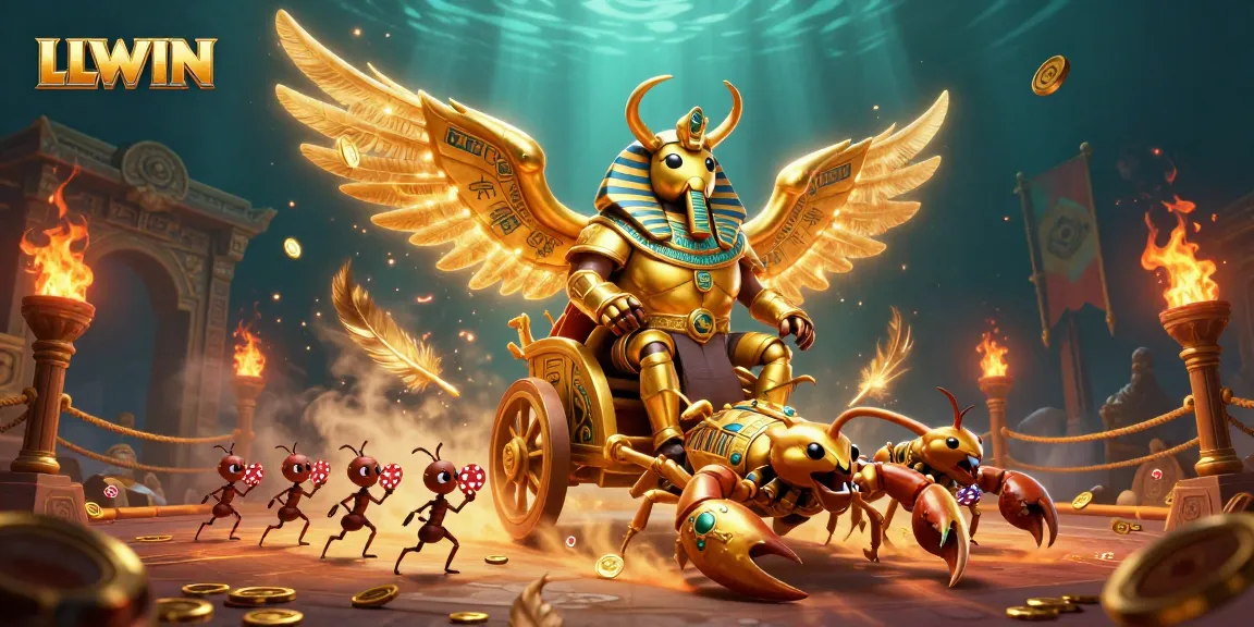 Experience the thrill of LLWIN with a golden scarab beetle and jewel-encrusted scorpions in an ornate gambling arena.