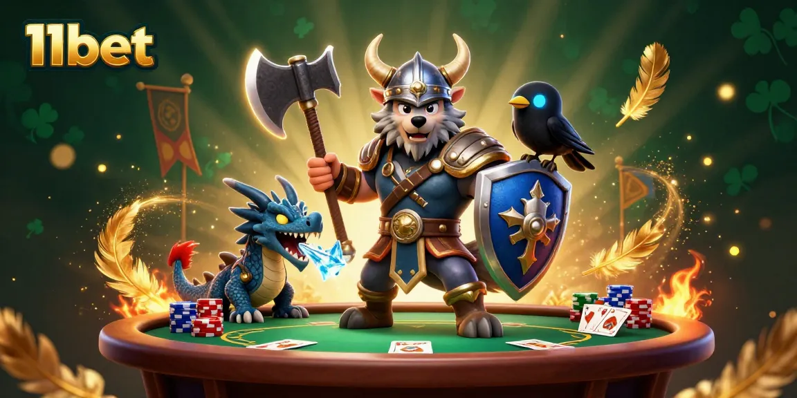 Experience thrilling gameplay at 11bet with a Viking warrior, fierce dragon, and poker excitement.