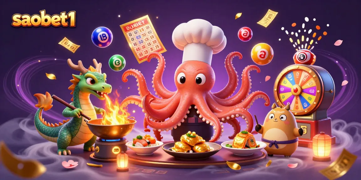 Experience thrilling casino action with saobet1 featuring a dynamic octopus chef, lottery elements, and vibrant visuals.