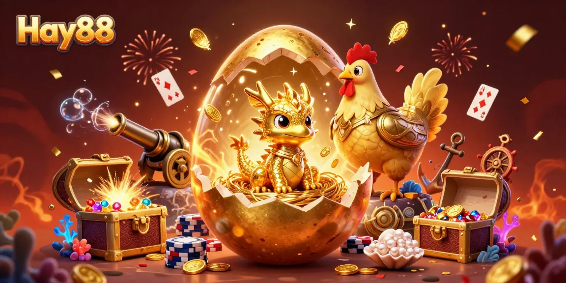 Experience Hay88's vibrant gaming scene with dynamic golden elements and a baby dragon among thrilling treasures.
