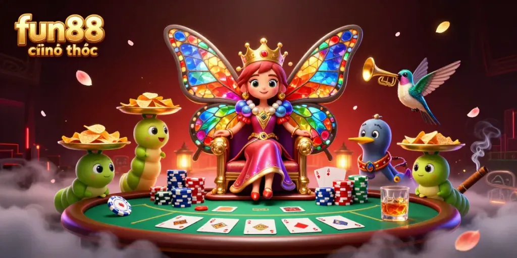 Experience fun88 chính thức with an enchanting 3D scene filled with vibrant poker elements and characters.