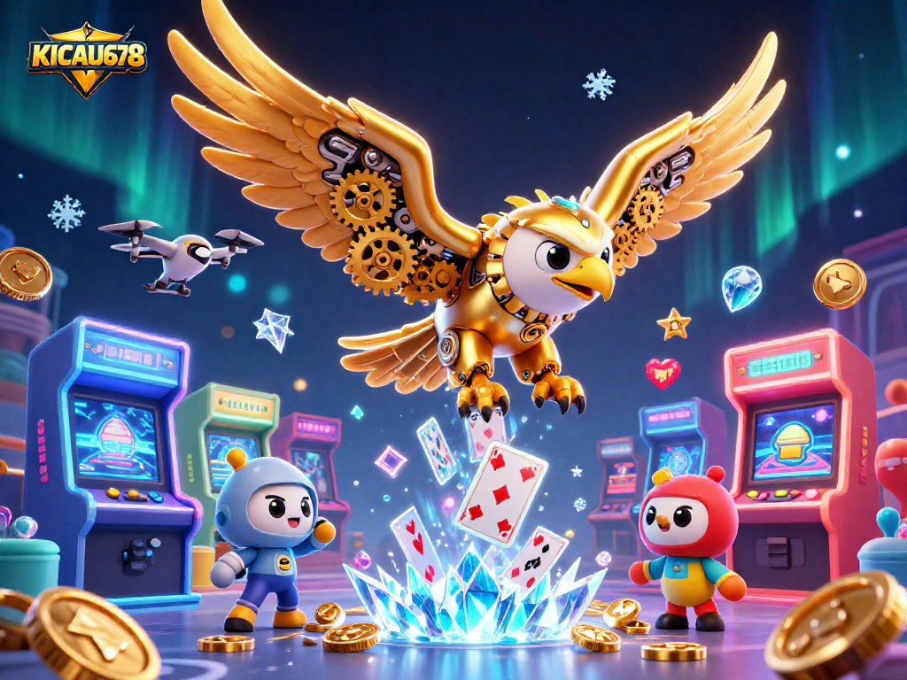 KICAU678 showcases an electrifying dive of a golden eagle amidst holographic cards and vibrant casino elements.