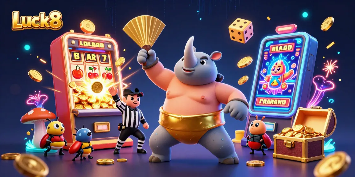 Luck8 showcases a vibrant casino scene with a rhinoceros beetle champion amid golden coins and jackpots.
