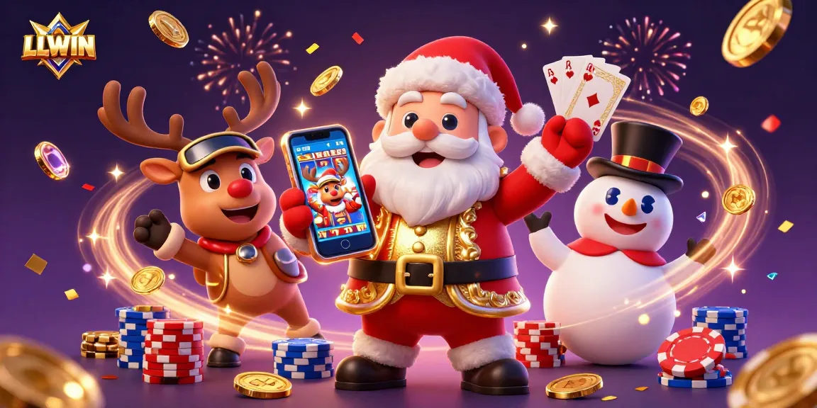 LLWIN showcases a vibrant casino scene with Santa and friends celebrating jackpots and luck.