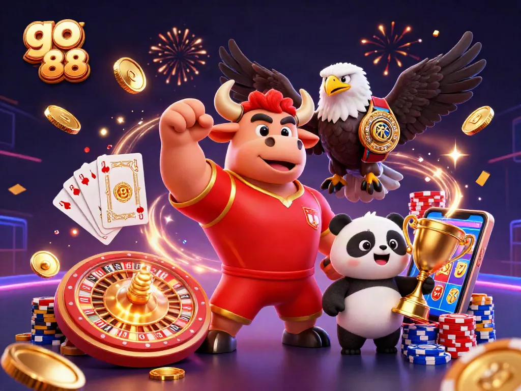 Win big with go 88 as a cartoon bull mascot and friends celebrate casino wins amid coins and jackpots.