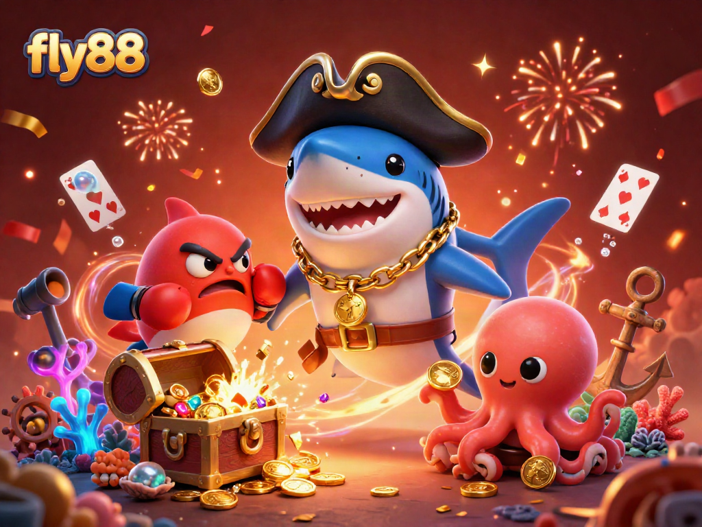 Engage with fly88 through an exciting underwater adventure featuring a pirate shark, pufferfish, and octopus amidst colorful treasures.
