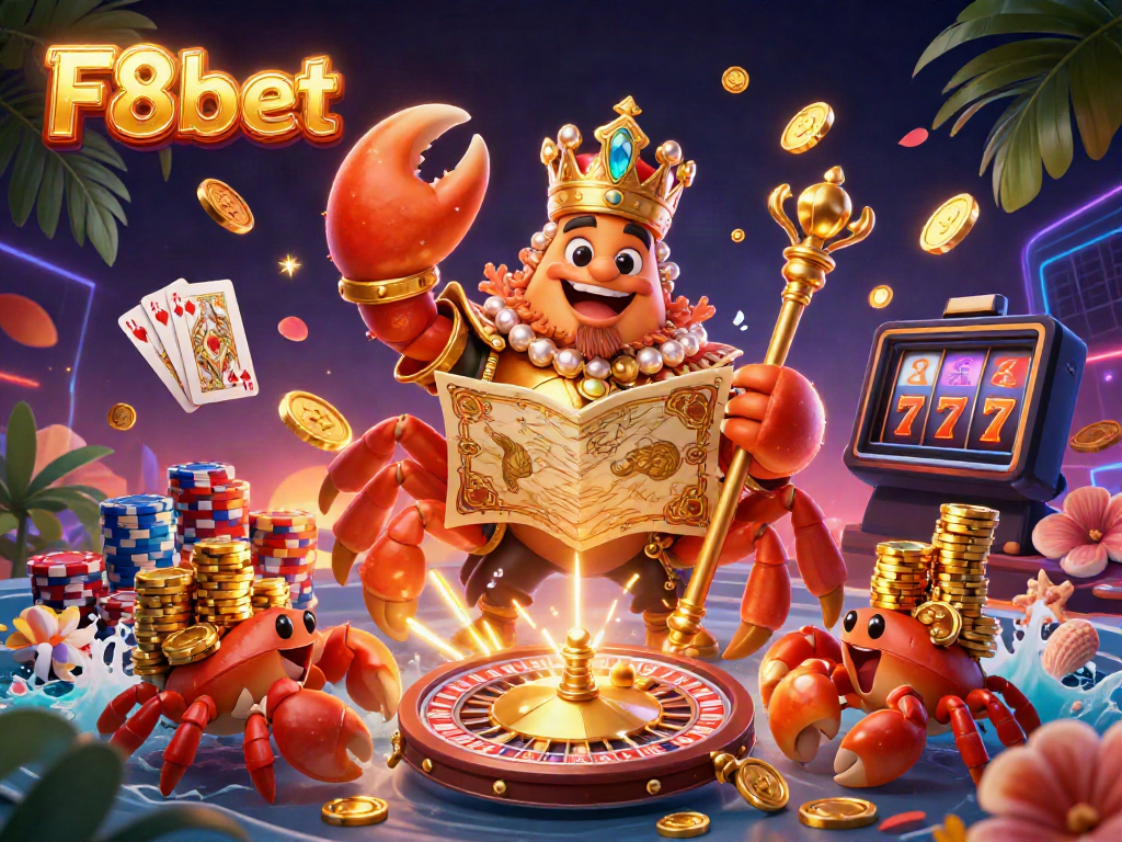 Join the excitement with F8bet's golden crab emperor and treasures in a vibrant casino setting.