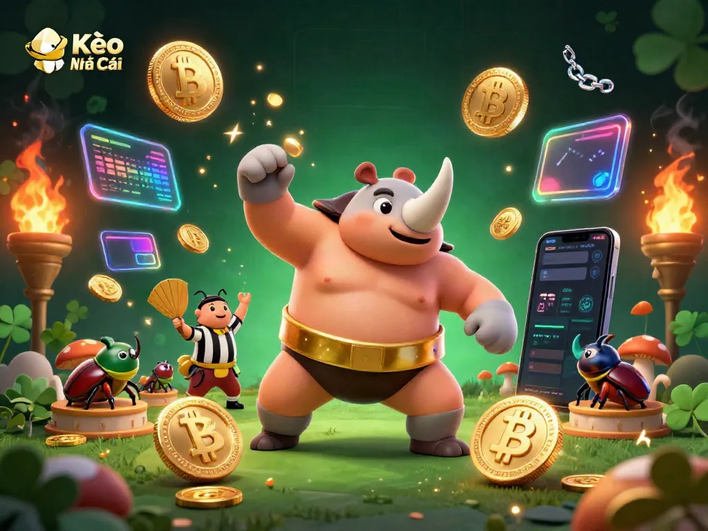 Kèo Nhà Cái scene showcasing a sumo beetle champion amidst flying coins and vibrant crypto elements.