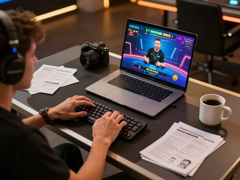 Spacucina player immersed in a live dealer game on a sleek laptop in a cozy atmosphere.