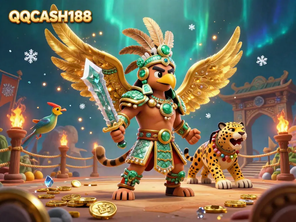 Experience epic battles in QQCASH188 featuring Aztec warriors amidst a vibrant casino scene.