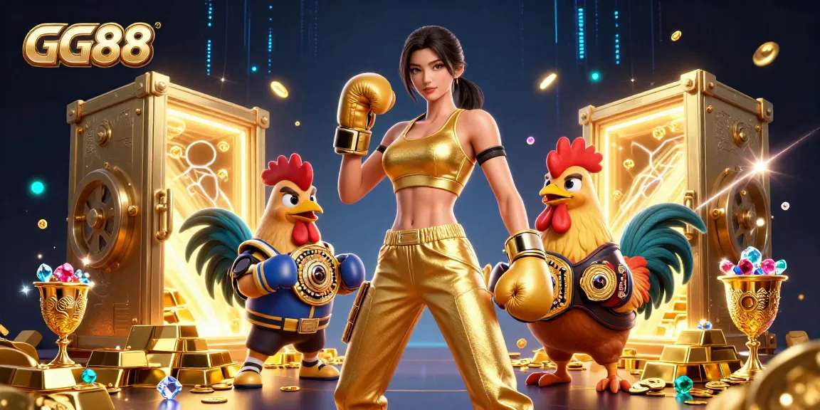 Engage with GG88's exciting gameplay as a powerful woman and a championship rooster celebrate wins amidst treasure.