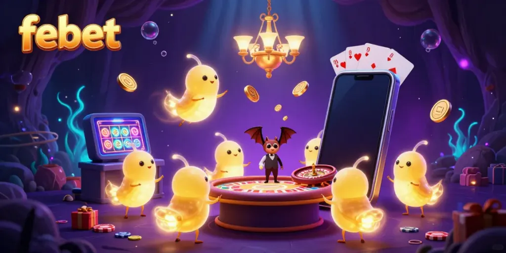 Experience thrilling gameplay at febet, where glowing characters light up a colorful casino scene packed with games and excitement.