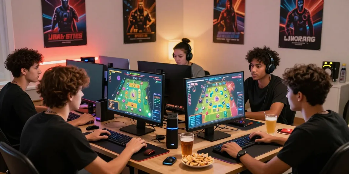Friends enjoying rokok88 login on a computer while gaming in a cozy environment.