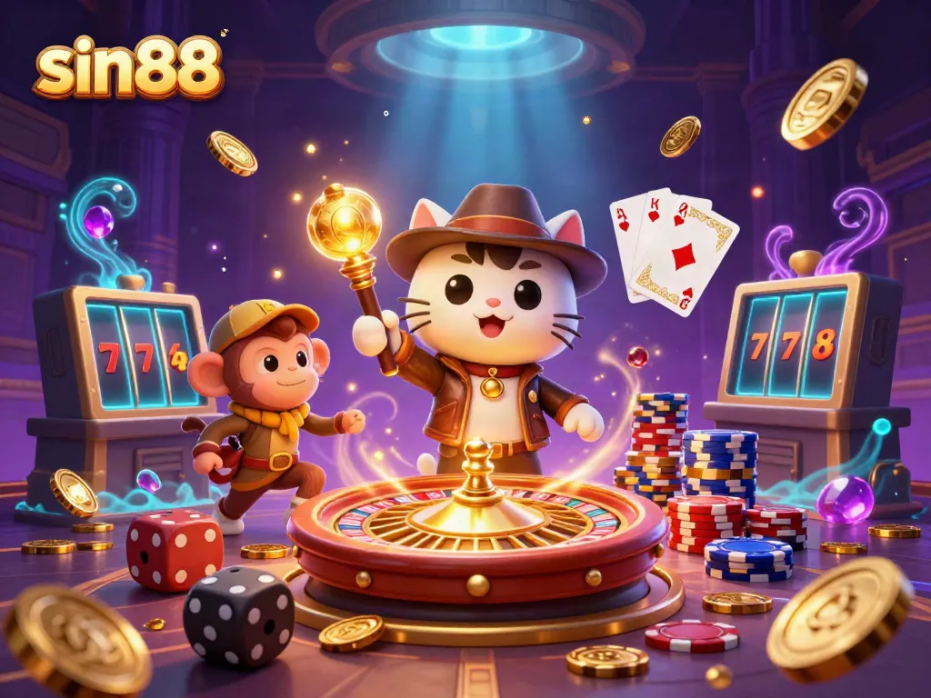 Experience the thrill of sin88, featuring a cat explorer uncovering treasures amidst dazzling casino artifacts.