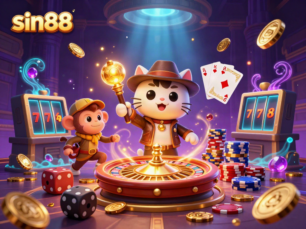 Experience the thrill of sin88, featuring a cat explorer uncovering treasures amidst dazzling casino artifacts.