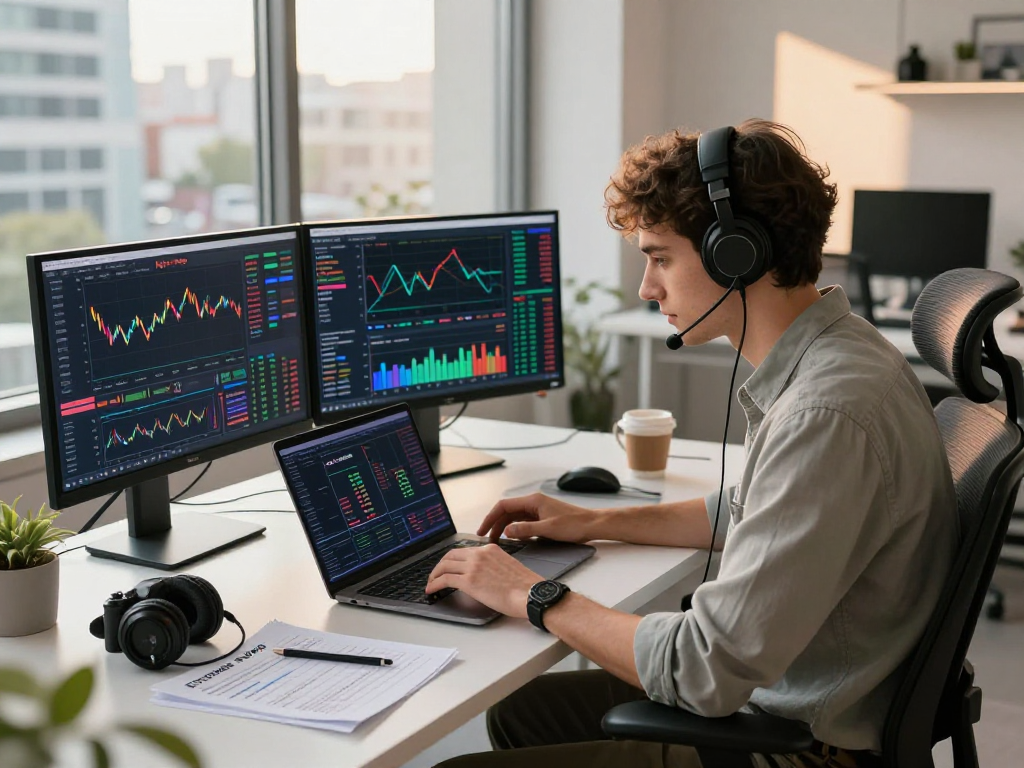 Professional trading environment showcasing kyber-swap performance, vibrant crypto charts, and a focused trader in a digital workspace.