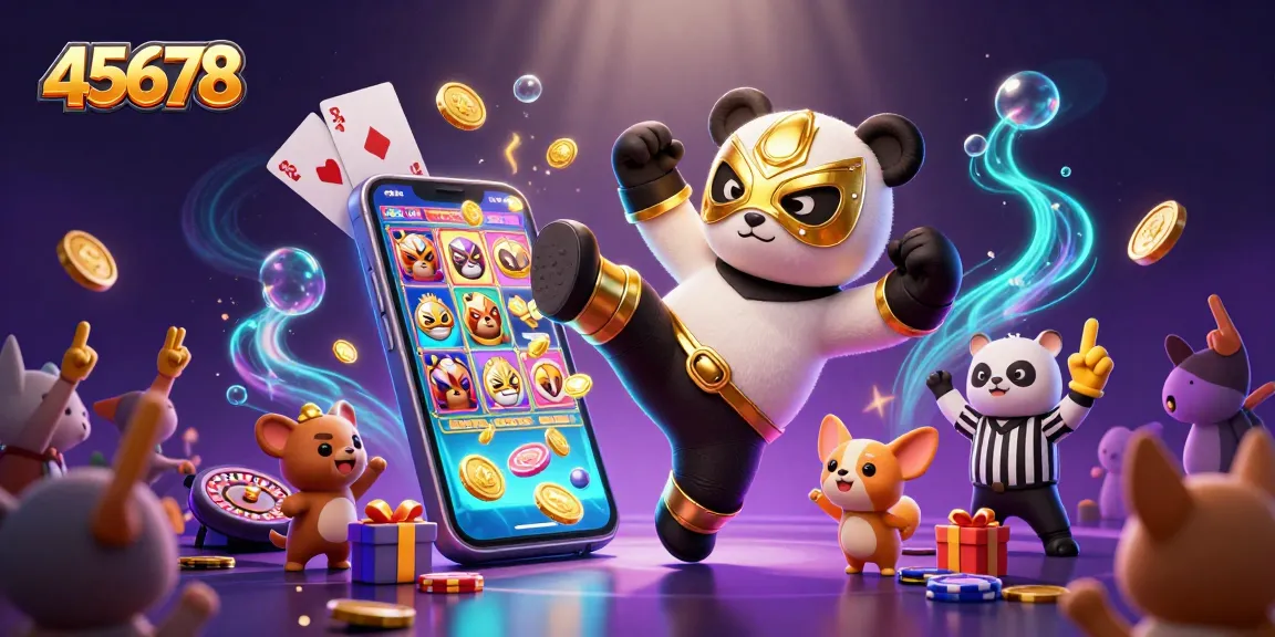 Experience the vibrant world of 45678 where a panda wrestler kicks towards a lively casino scene filled with excitement.