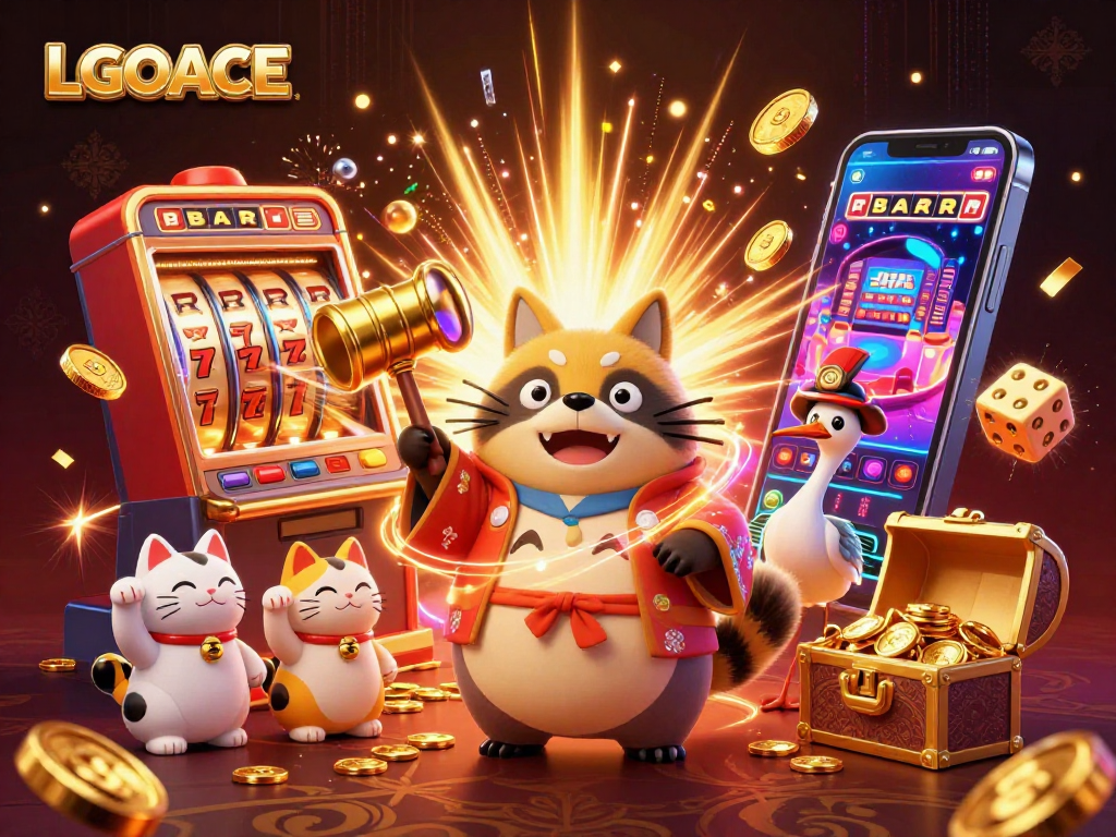 LGOACE showcases a vibrant casino scene with a cheerful tanuki, samurai crane, and lucky fortune cats.