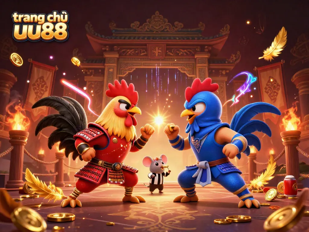 Experience the thrilling standoff of the twin fighting roosters on trang chủ uu88 in an electrifying casino arena setting.