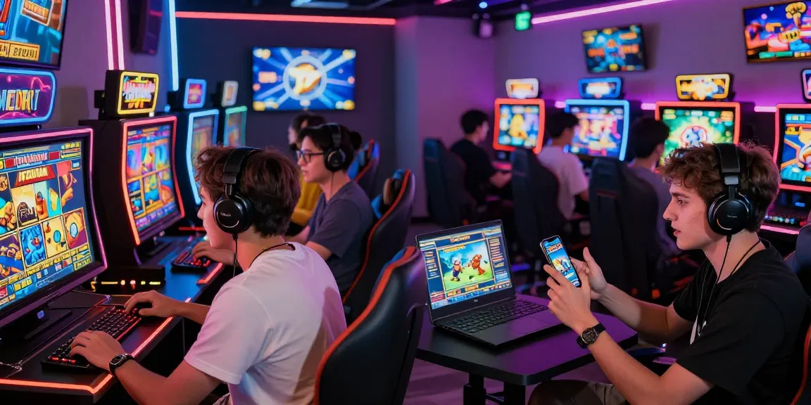 Enthusiastic players in a lively gaming lounge engaged in lavowin daftar slot games on smartphones and laptops.