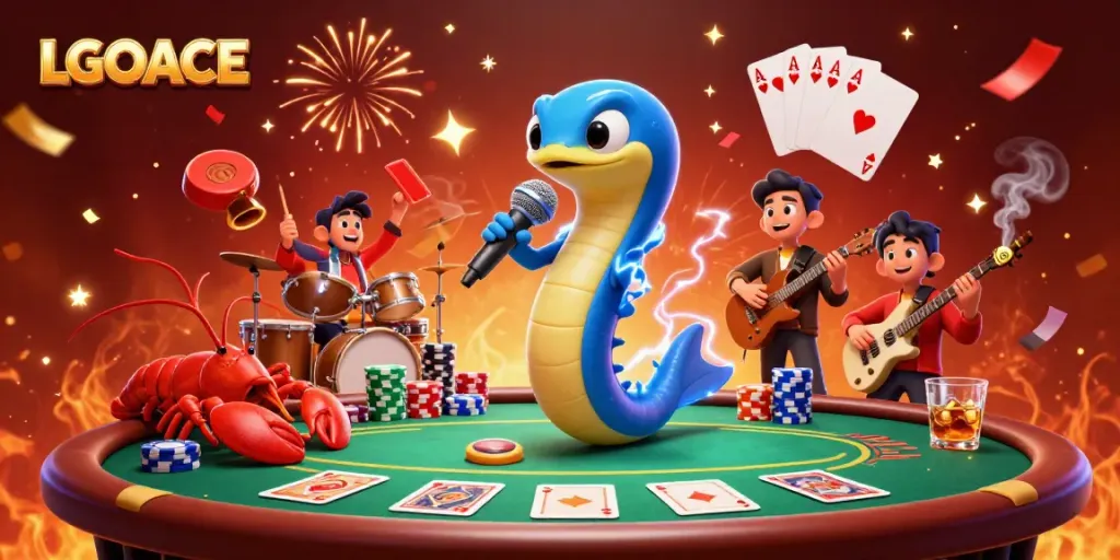 LGOACE's vibrant underwater casino scene with a DJ electric eel, lobster drummer, and seahorse guitarist.