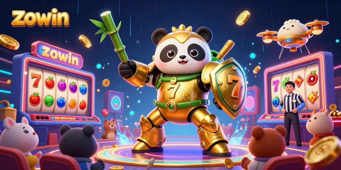 Zowin offers pulsating slot excitement with dynamic 3D golden panda battling in a vibrant casino scene.