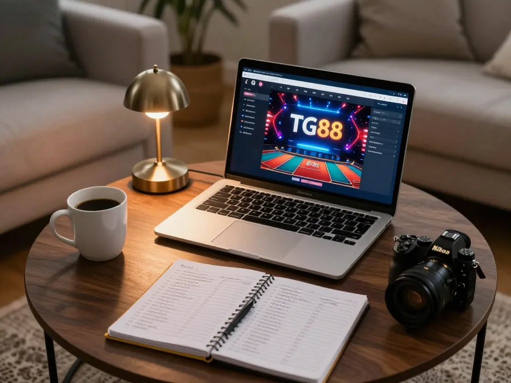 Engaged player exploring TG88 online casino app on laptop in a cozy home setting.