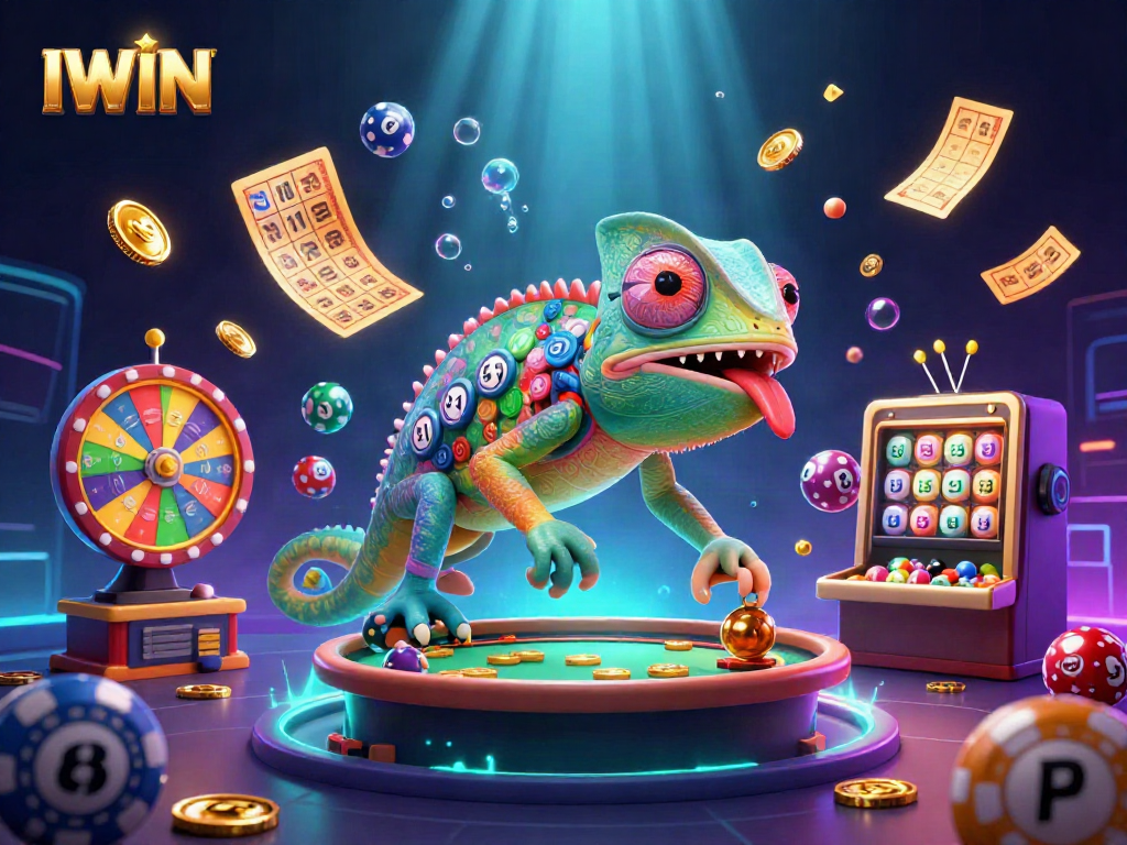 IWIN chameleon casino owner amidst vibrant lottery elements and golden coins, celebrating wins.