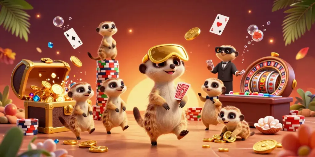 Experience the excitement of FV88 com with a vibrant meerkat casino scene featuring dynamic game elements.