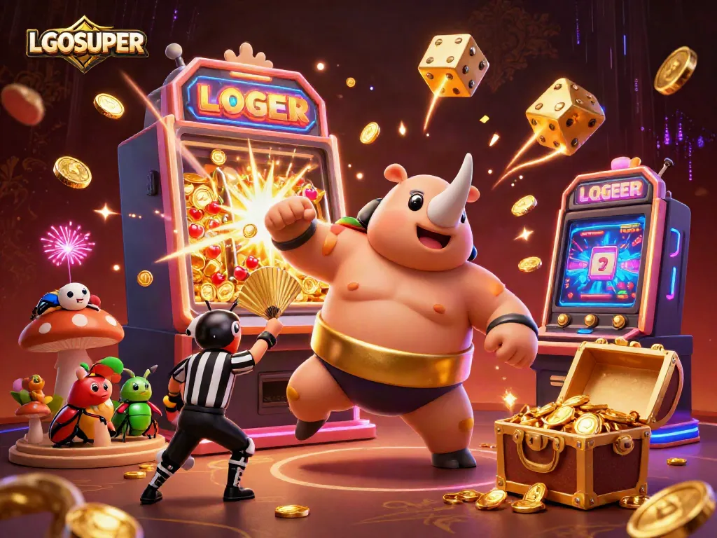 Experience the excitement of LGOSUPER as a rhinoceros beetle sumo champion unleashes coins in a vibrant casino scene.