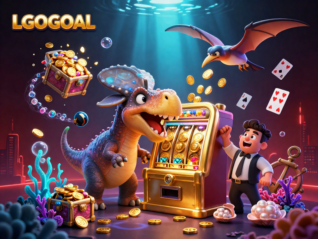 LGOGOAL game illustration showing a dinosaur interacting with a slot machine amidst an exciting casino scene.