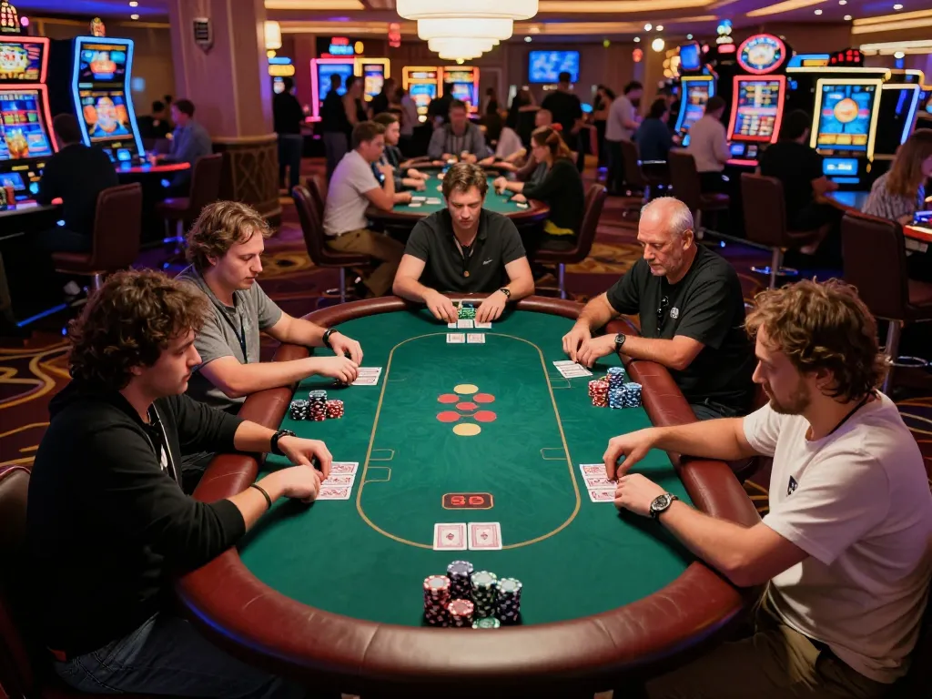 Players engaged in a competitive poker game at calzadagallery casino table, showcasing stacks of chips and intense focus.