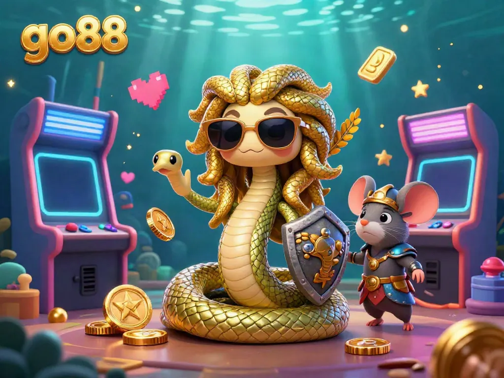 Experience exciting wins at Go88 with a charming Medusa and a warrior mouse in vibrant casino gaming.