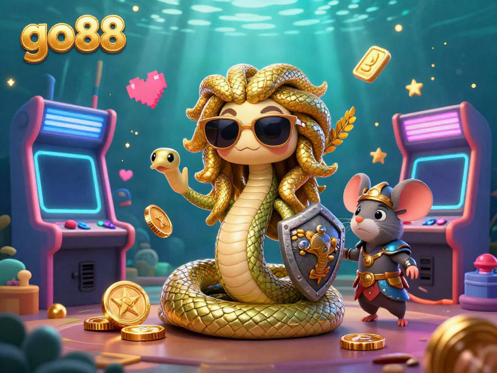 Experience exciting wins at Go88 with a charming Medusa and a warrior mouse in vibrant casino gaming.