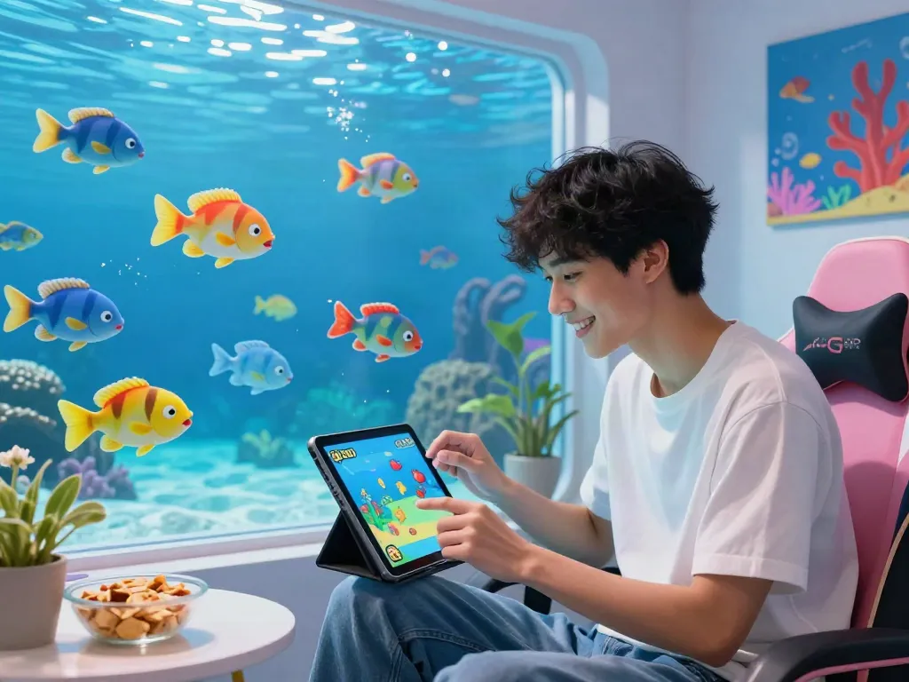 Engaged player enjoying lại là Bắn cá đổi thưởng game, colorful digital fish around, vibrant gaming atmosphere.