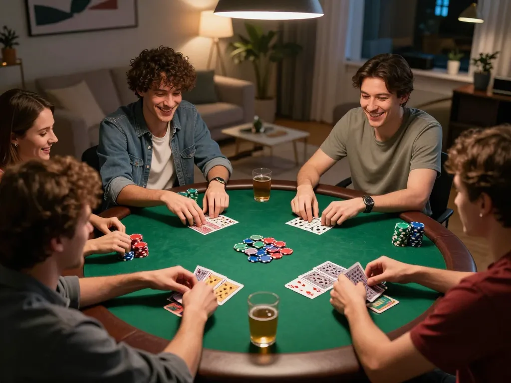 Engaged friends enjoying poker night at home, showcasing vegrecipeworld's community atmosphere and strategic gameplay.