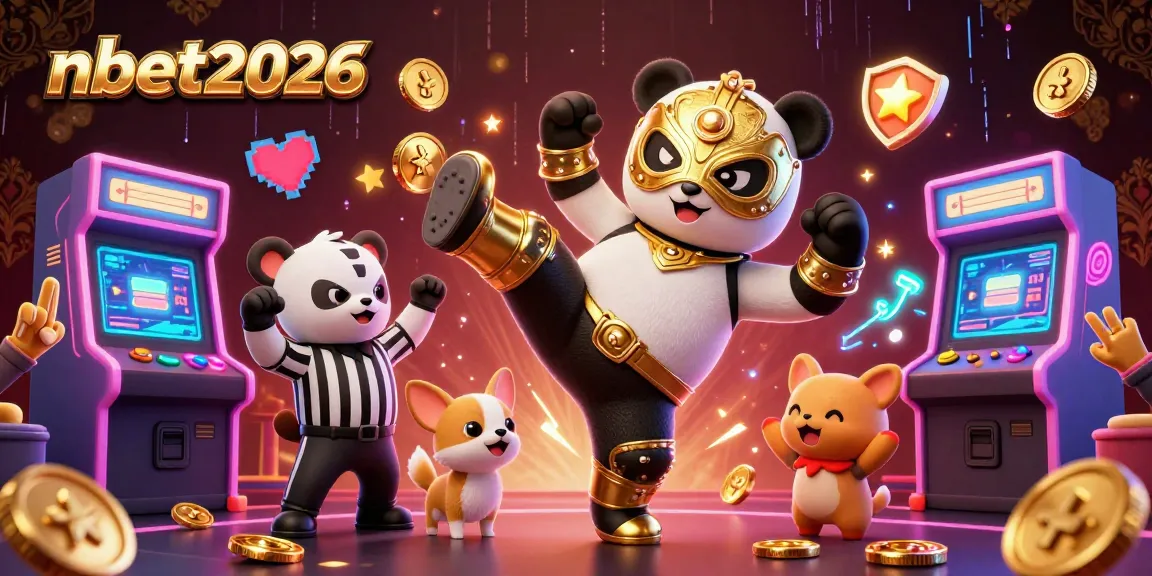 nbet2026 showcases a thrilling 3D illustration with a panda wrestler kicking amidst exciting casino elements.