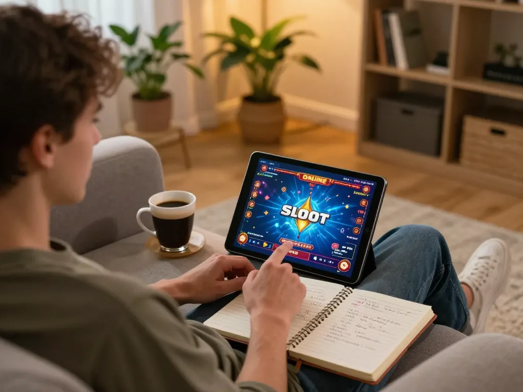 Engaging player enjoying Sloot Online gaming on a tablet in a cozy home setting.
