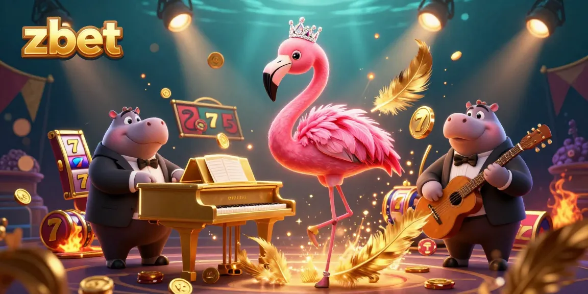 Experience the vibrant energy of zbet casino with a flamingo singer, a hippo bassist, and casino elements dancing together.