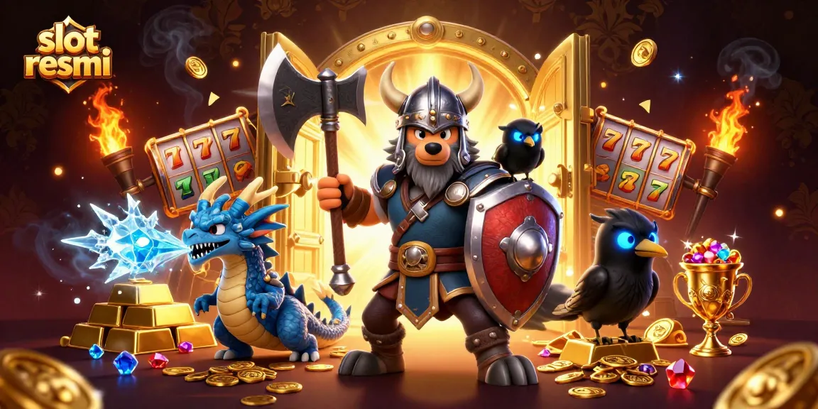 Engage with slot resmi through vibrant 3D illustration showcasing a Viking wolf warrior, dragon, and treasure.