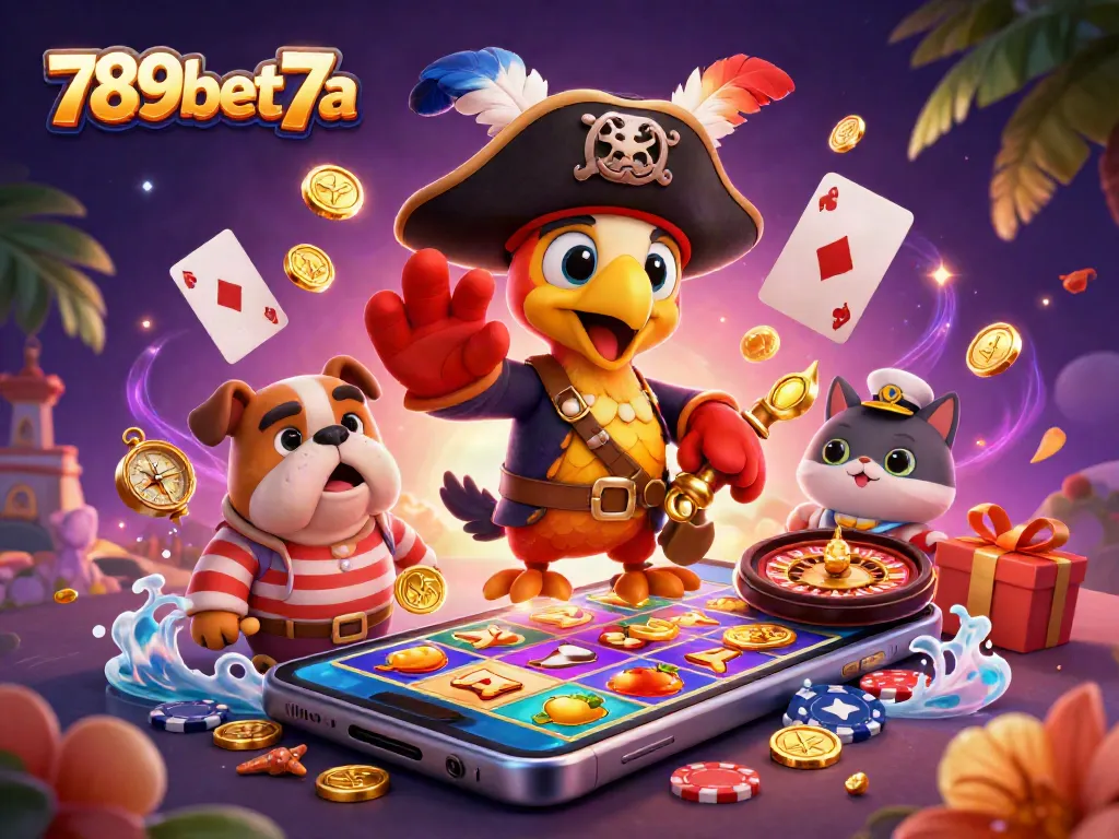 Play exciting slots with 789bet7a's vibrant 3D casino-themed illustration featuring engaging game elements.
