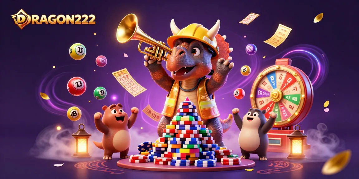 Engage with DRAGON222's thrilling gaming experience amidst vibrant casino elements and joyful characters.