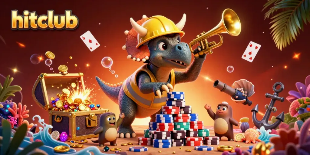 Hitclub features a triceratops building a poker chip pyramid amidst a vibrant casino-themed celebration.