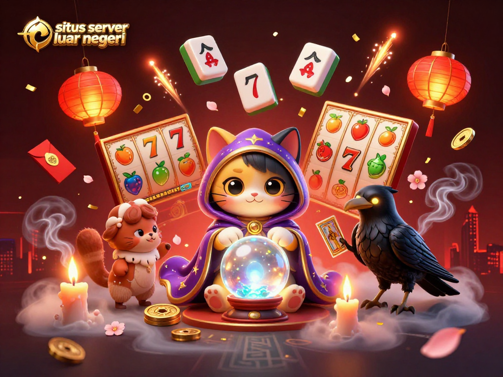 Engage with situs server luar negeri, featuring a mystical cat and raven amidst dynamic casino symbols.