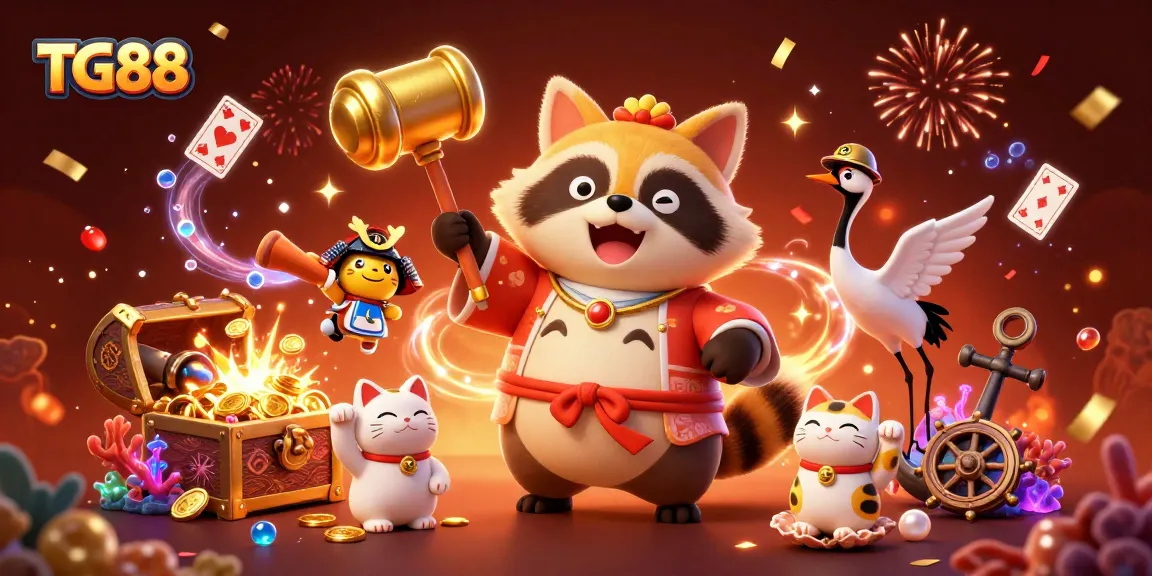 Experience thrilling gaming at TG88 with cheerful characters and vibrant casino elements.
